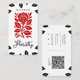 Red & Black Rose Leaves Floral Social Media QR Business Card