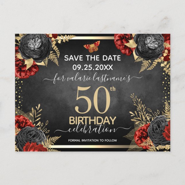 Red Black Roses 50th Birthday Save the Date Postcard (Front)