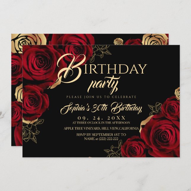Red Black Roses Birthday Party Invitation (Devant / Derrière)
