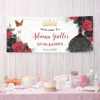 Red Black Roses Floral Butterflies Quinceañera 15
