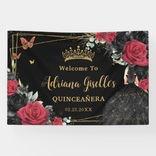 Red Black Roses Floral Butterflies Quinceañera 16 Banner