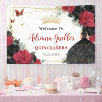 Red Black Roses Floral Butterflies Quinceañera XV 