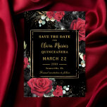 Red Black Roses Floral Gold Quinceanera Sweet 16 Save The Date<br><div class="desc">Personalize this elegant Quinceanera / Sweet 16 Birthday save the date easily and quickly. Simply click the Edit Using Design Tools button to edit the text, change fonts and fonts colours. Featuring beautiful vibrant red and black roses floral against a dark black background. Also available in a digital instant download...</div>