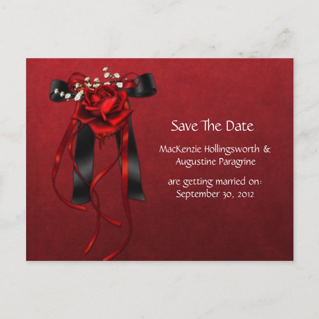 Red & Black Roses Ribbon Save The Date Announcement Postcard (Front)