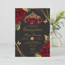 Red Black Roses Tiara Gold Glitter Quinceañera 
