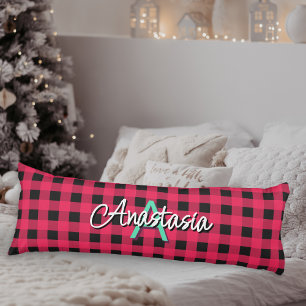 Red Black Rustic Buffalo Check Plaid Monogrammed Body Pillow