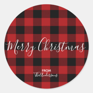 Red & Black Rustic Buffalo Gingham Plaid Holiday Classic Round Sticker