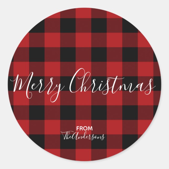 Red & Black Rustic Buffalo Gingham Plaid Holiday Classic Round Sticker (Front)
