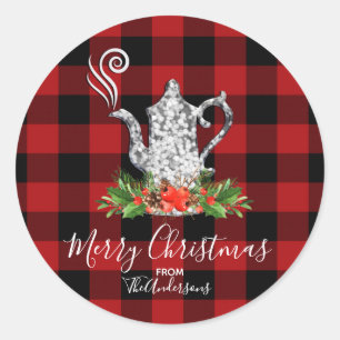 Red Black Rustic Buffalo Gingham Plaid Holiday Tea Classic Round Sticker