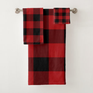 Red Black Rustic Buffalo Plaid Chequered Bath Towel Set