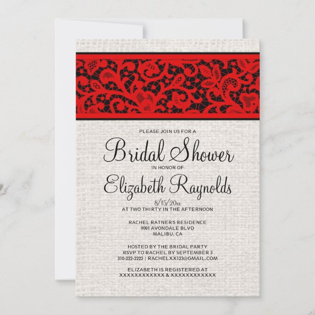 Red Black Rustic Burlap Linen Bridal Shower Invite (Front)
