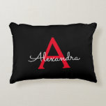Red Black Script Girly Monogram Name Accent Pillow<br><div class="desc">Black and Red Script Monogram Name and Initial Pillow. The pillow makes the perfect sweet 16 birthday,  wedding,  bridal shower,  baby shower or bachelorette party gift for someone decorating her room in rose gold.</div>