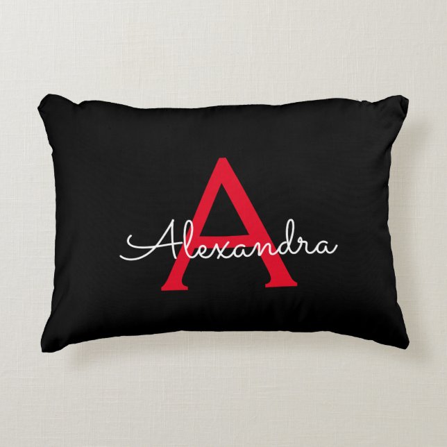Red Black Script Girly Monogram Name Accent Pillow (Front)