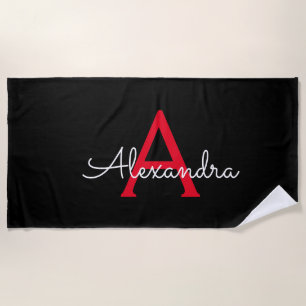 Red Black Script Girly Monogram Name Beach Towel