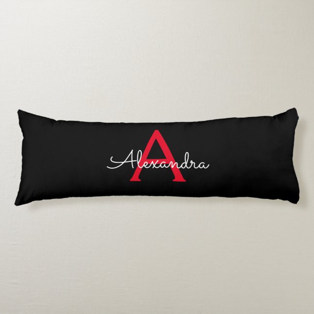 Red Black Script Girly Monogram Name Body Pillow (Front)