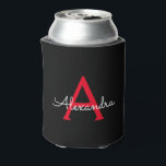 Red Black Script Girly Monogram Name Can Cooler<br><div class="desc">Black and Red Simple Script Elegant Birthday or Bachelorette Party Can Coolers. These Wedding,  Bridal Shower or Birthday Party Can Coolers can be customized to include your first name. Please contact the designer for customized matching items.</div>