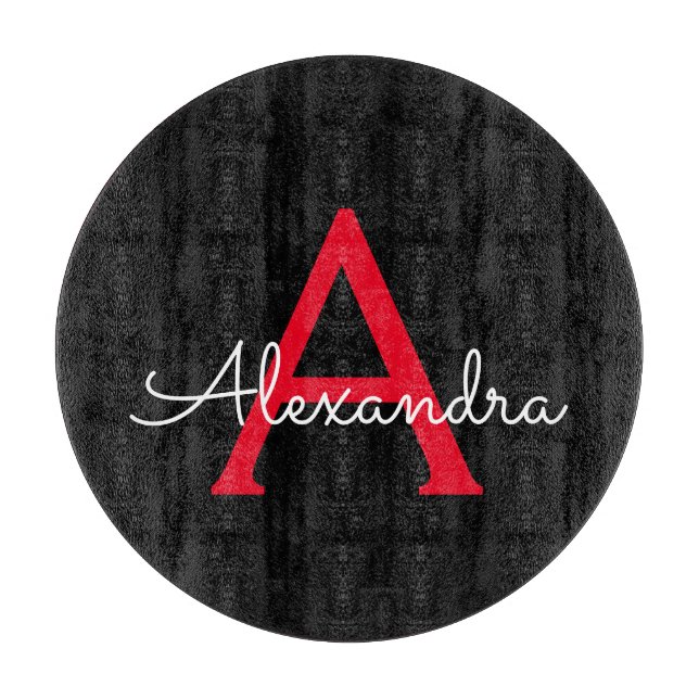 Red Black Script Girly Monogram Name Cutting Board (Front)