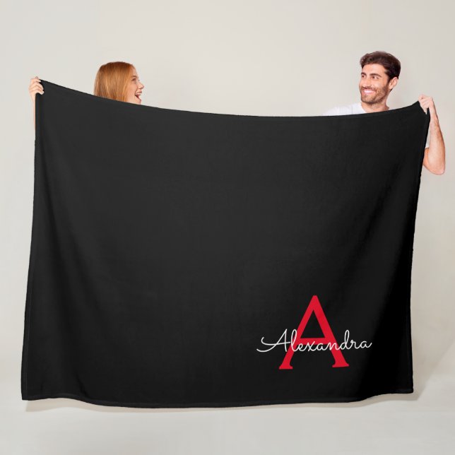 Red Black Script Girly Monogram Name Fleece Blanket (In Situ)