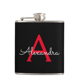 Red Black Script Girly Monogram Name Hip Flask