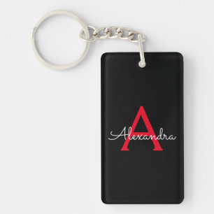Red Black Script Girly Monogram Name Keychain