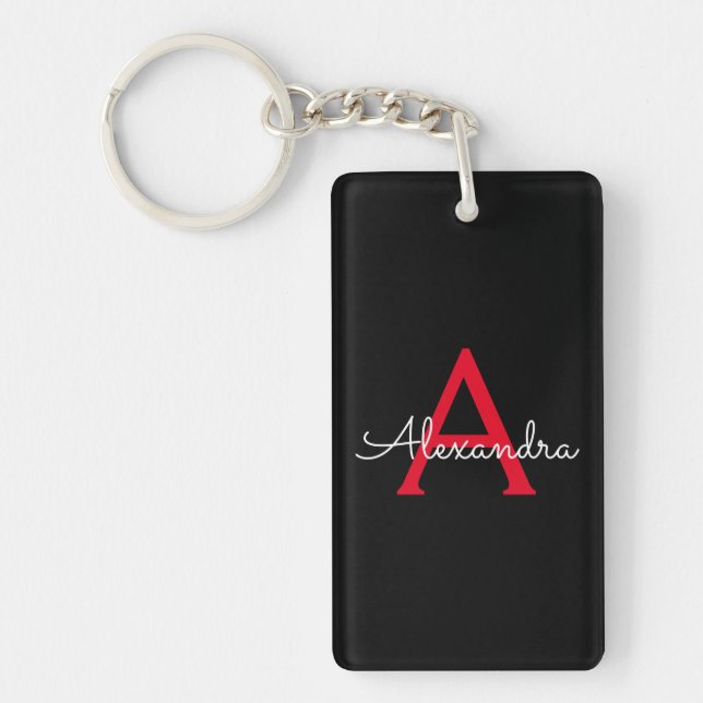 Red Black Script Girly Monogram Name Keychain (Front)