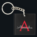 Red Black Script Girly Monogram Name Keychain<br><div class="desc">Black and Red Simple Script Monogram Name Keychain. This makes the perfect sweet 16 birthday,  wedding,  bridal shower,  anniversary,  baby shower or bachelorette party gift for someone that loves glam luxury and chic styles.</div>