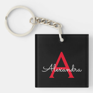 Red Black Script Girly Monogram Name Keychain