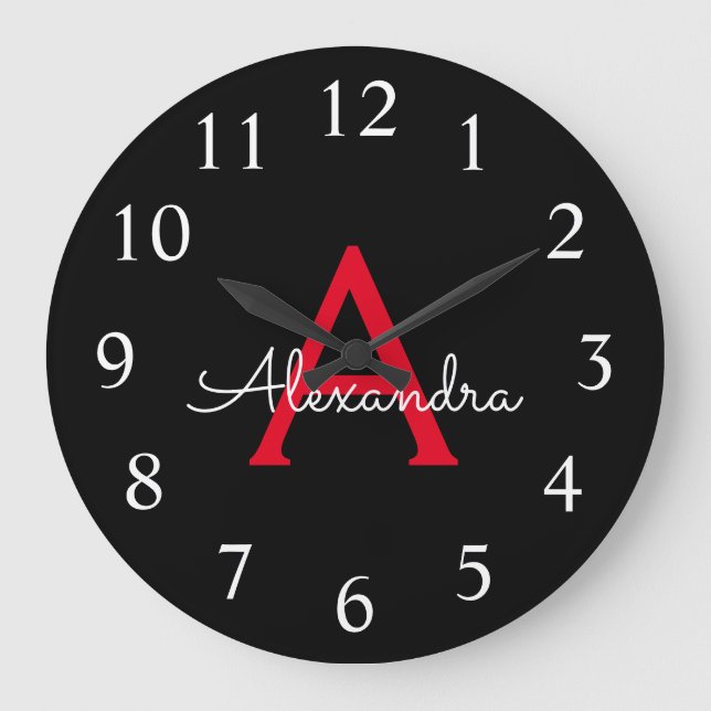 Red Black Script Girly Monogram Name Large Clock (Front)