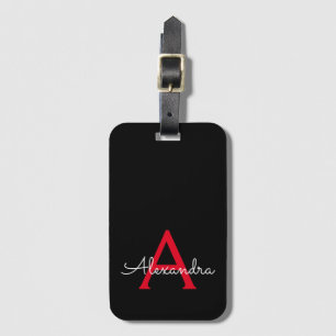 Red Black Script Girly Monogram Name Luggage Tag