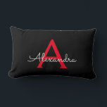 Red Black Script Girly Monogram Name Lumbar Pillow<br><div class="desc">Red and Black Monogram Add Your Own Name Lumbar Pillow. This makes the perfect sweet 16 birthday,  wedding,  bridal shower,  anniversary,  baby shower or bachelorette party gift for someone that loves glam luxury and chic styles.</div>