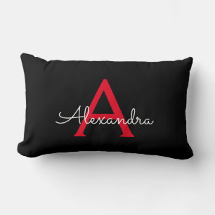 Red Black Script Girly Monogram Name Lumbar Pillow