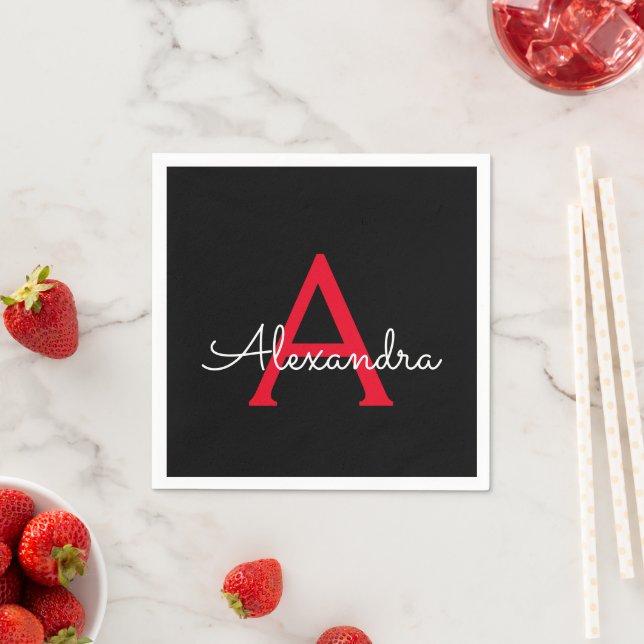 Red Black Script Girly Monogram Name Napkin (Insitu)