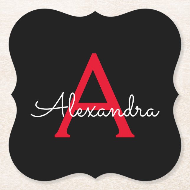 Red Black Script Girly Monogram Name Paper Coaster (Front)
