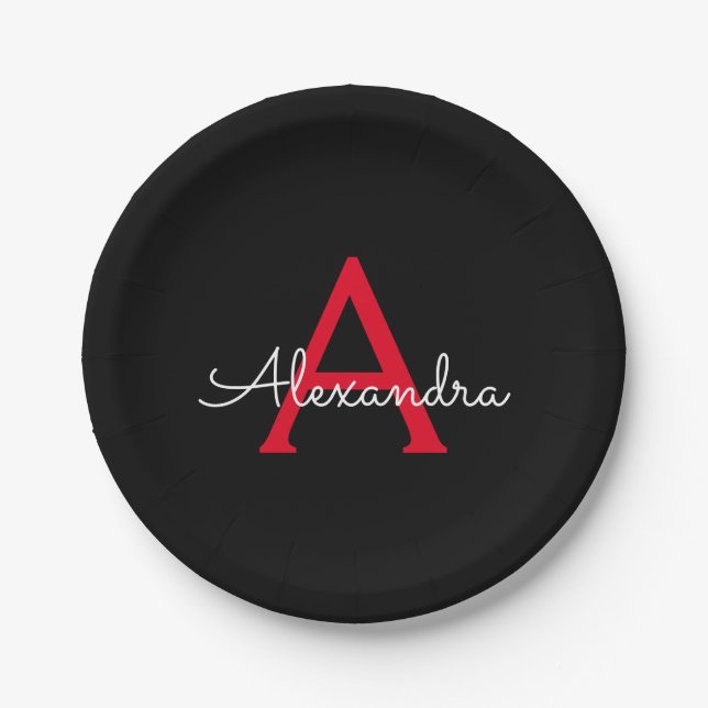 Red Black Script Girly Monogram Name Paper Plate (Front)