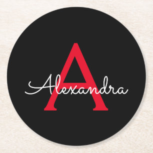 Red Black Script Girly Monogram Name Round Paper Coaster
