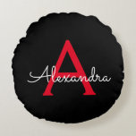 Red Black Script Girly Monogram Name Round Pillow<br><div class="desc">Black and Red Simple Script Monogram Name Pouf Pillow. The pillow makes the perfect sweet 16 birthday,  wedding,  bridal shower,  baby shower or bachelorette party gift for someone decorating her room in rose gold.</div>