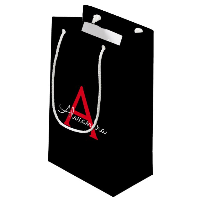 Red Black Script Girly Monogram Name Small Gift Bag (Back Angled)