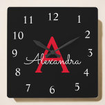 Red Black Script Girly Monogram Name Square Wall Clock<br><div class="desc">Red and Black Script Monogram Name Clock. This makes the perfect sweet 16 birthday,  wedding,  bridal shower,  anniversary,  baby shower or bachelorette party gift for someone that loves glam luxury and chic styles.</div>