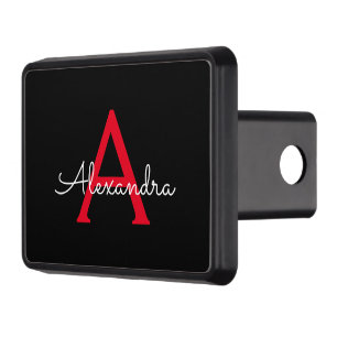 Red Black Script Girly Monogram Name Trailer Hitch Cover