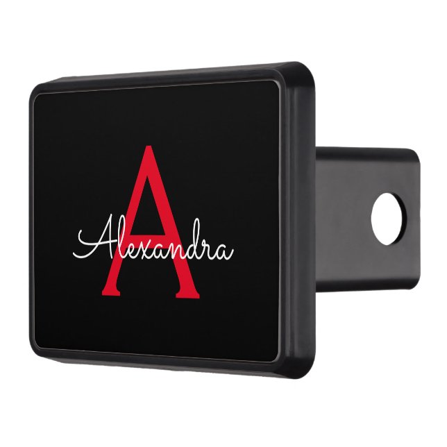 Red Black Script Girly Monogram Name Trailer Hitch Cover (Left)