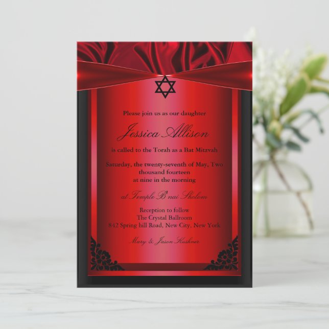 Red & Black Silk bat mitzvah Invitation (Standing Front)