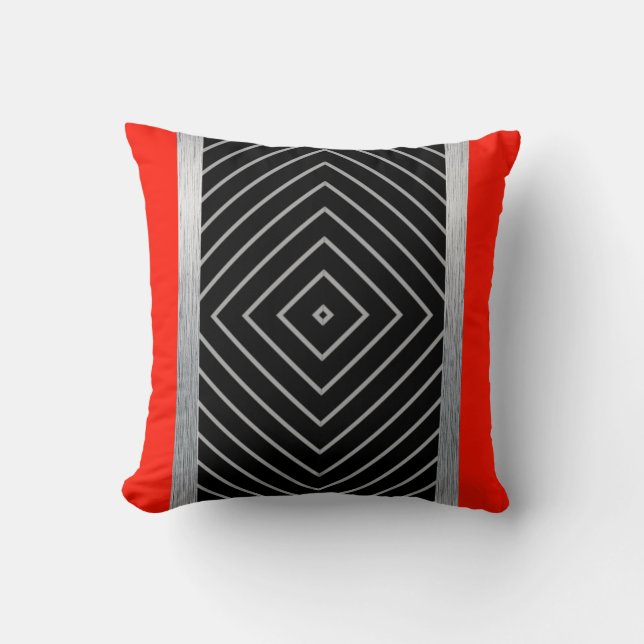 Red, black, silver and white stripes throw pillow (Front)