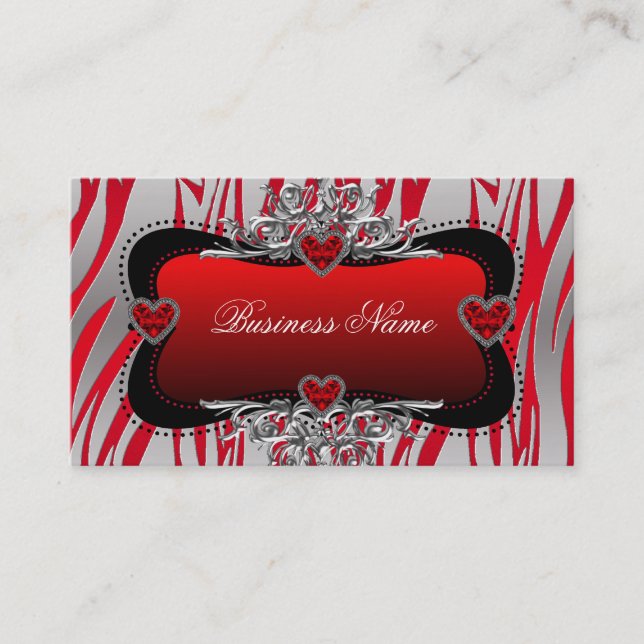 Red Black Silver Diamond Hearts Zebra Business Card (Front)