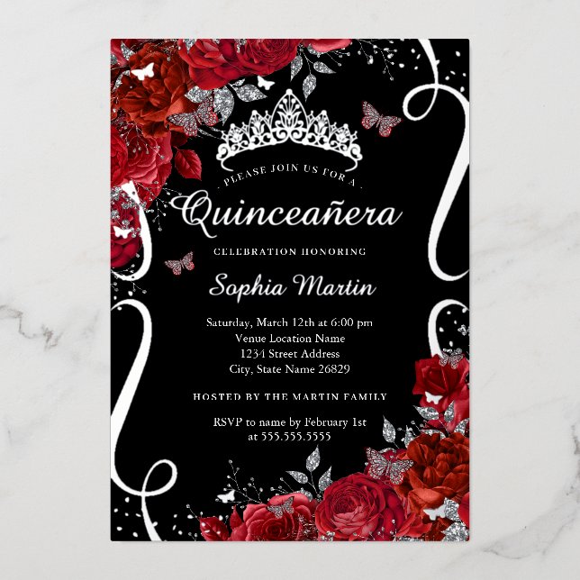 Red Black Silver Floral Butterfly Quinceanera  (Front)
