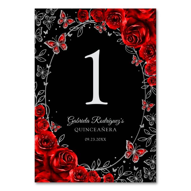 Red Black Silver Quinceanera Table Number (Front)
