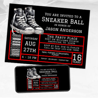 Red Black Sneaker Ball Birthday Party Invitation