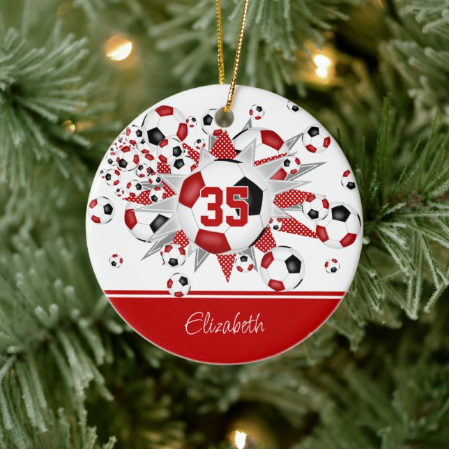Red black soccer balls stars keepsake  ceramic ornament (Tree)