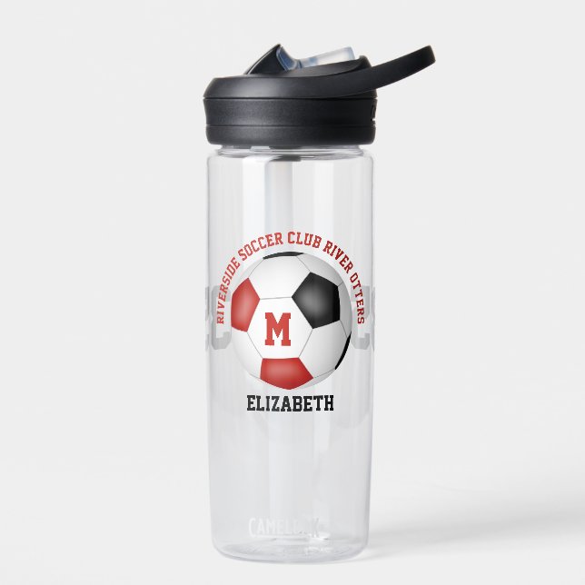 red black soccer team colours kids teens custom water bottle (Left)