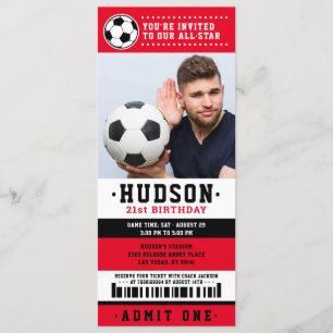 Red Black Soccer Ticket Birthday Party Photo Invitation