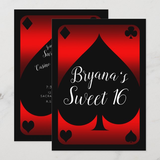 Red & Black Spade Glam Casino Sweet 16 Party Invitation (Front/Back)